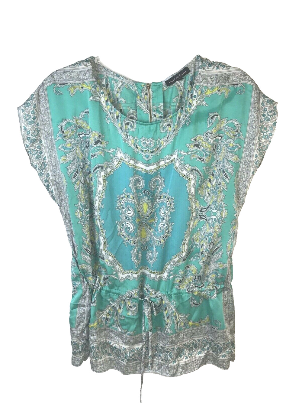 Violet & Clare Drawstring Waist Top Women's Large Green Paisley Preppy Silky